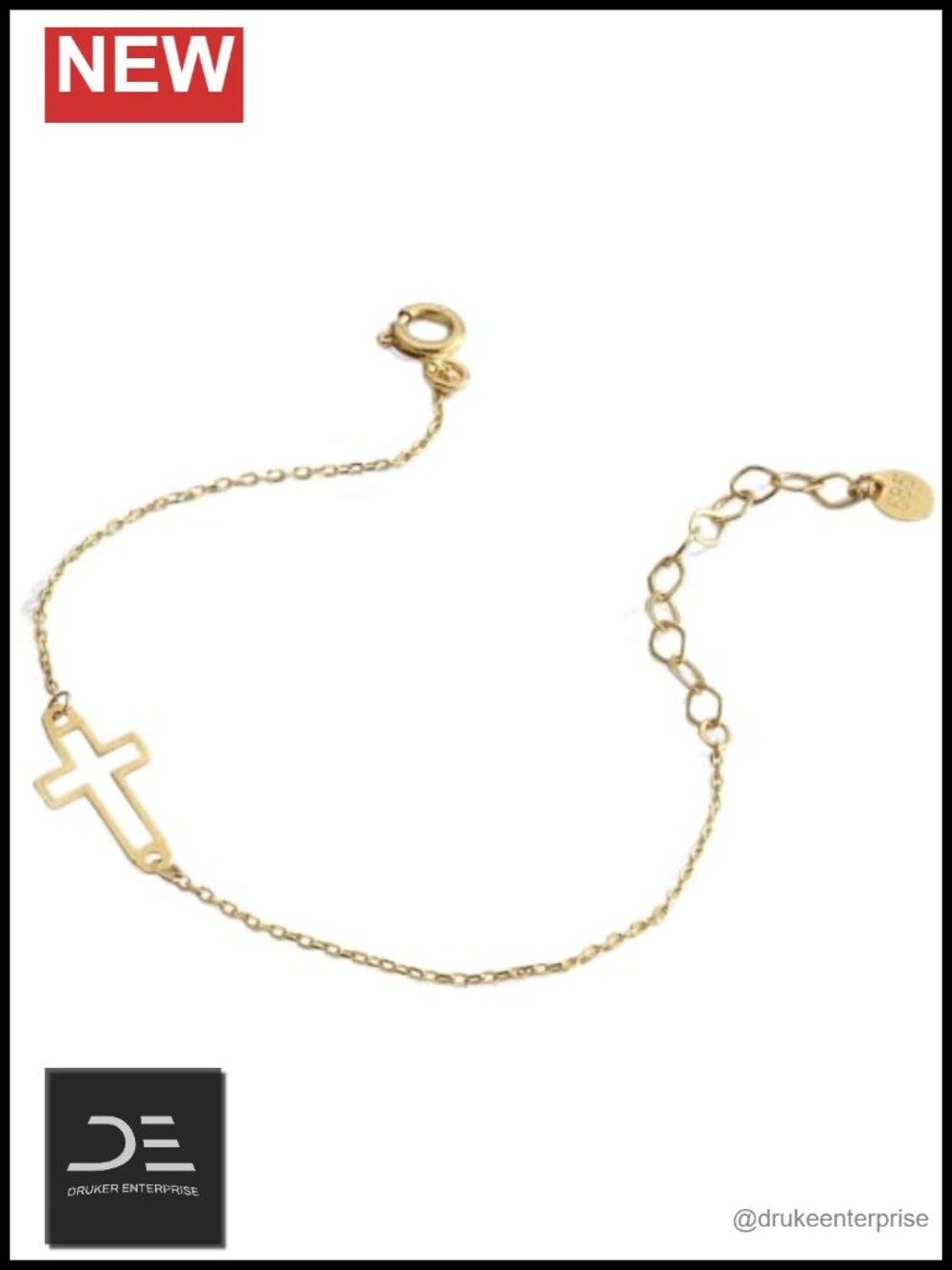 14k Solid Gold Sideways Cross Bracelet Adjustable Christian Baptism Gift